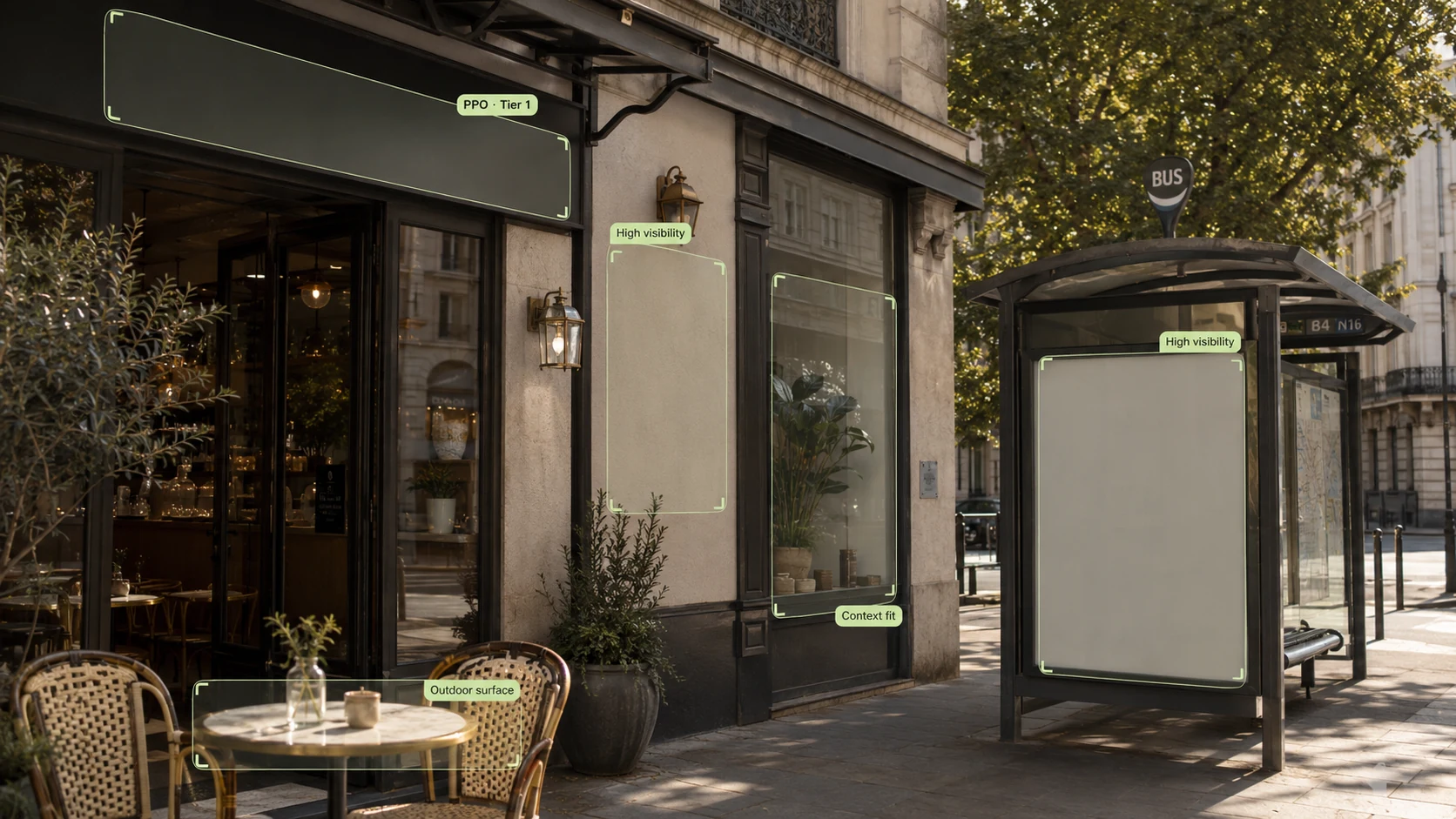 Catalogue scan of a café exterior highlighting opportunities on its signage, façade, window, outdoor table, and a nearby transit panel.