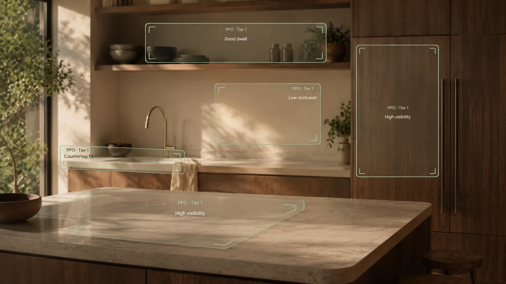 Catalogue scan of a kitchen highlighting five Tier 1 opportunities across the countertop, wall, shelving, and cabinetry.