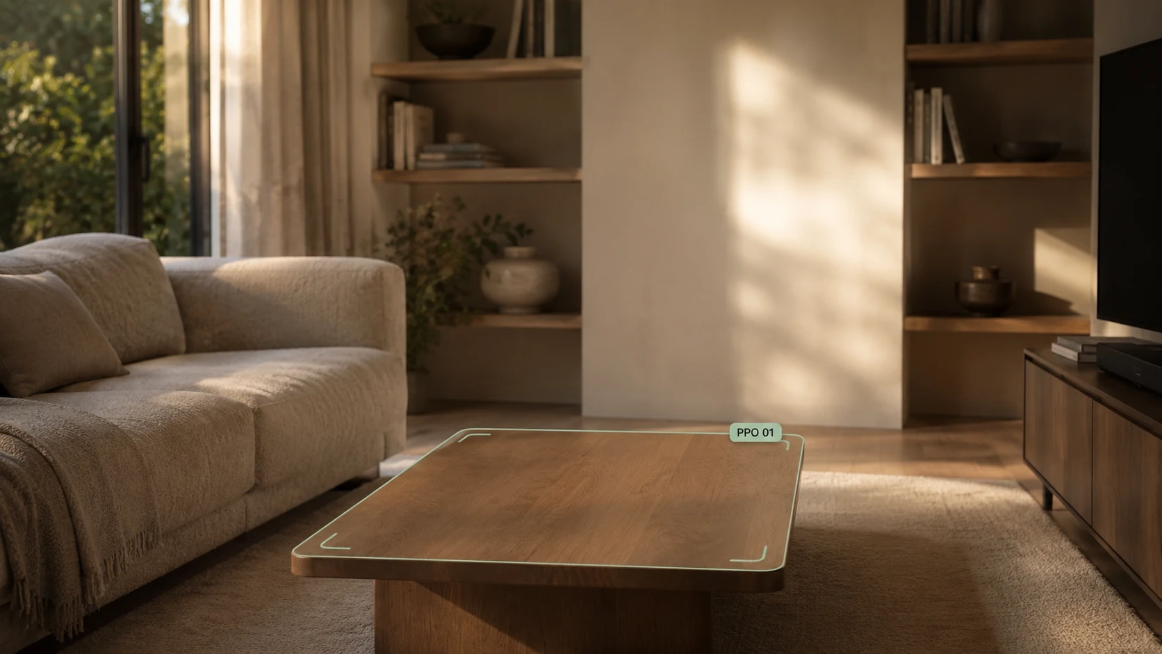 Catalogue scan of a living room highlighting the coffee table as PPO 01.