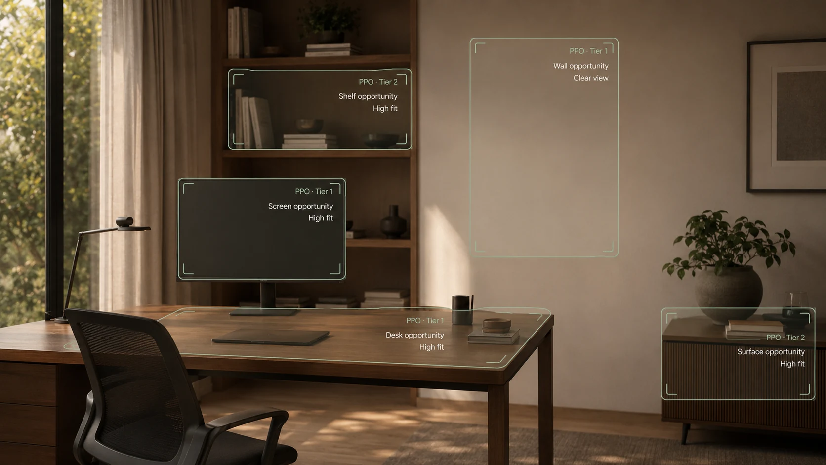 Catalogue scan of a home office highlighting opportunities on the screen, desk, wall, shelving, and cabinet.